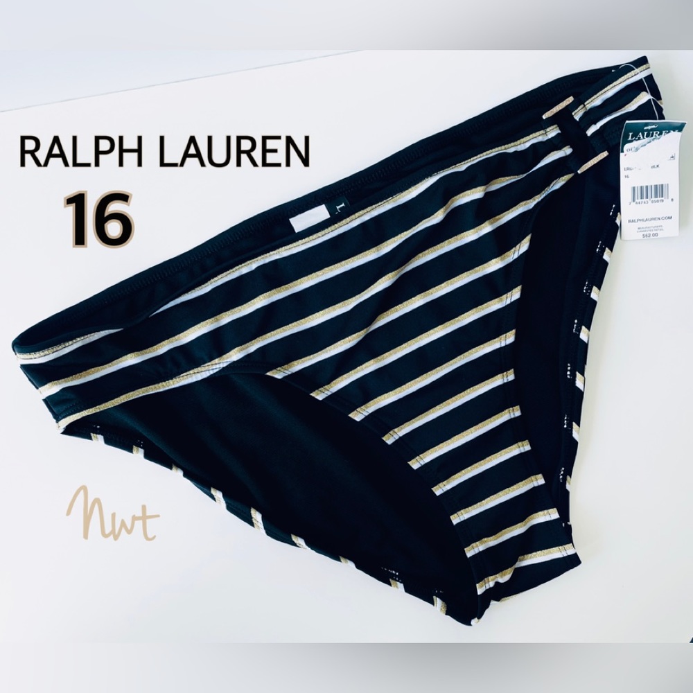 NWT Ralph Lauren LAUREN tanga swim bottoms black gold metallic white stripe 16
